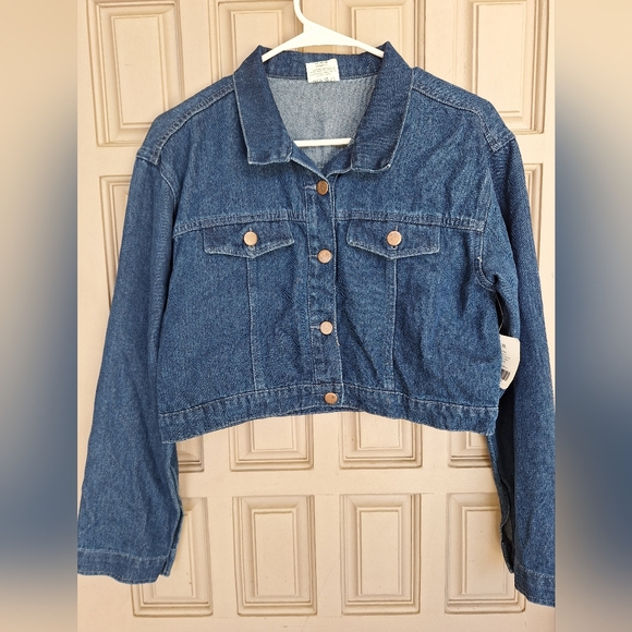 Style 5 Cropped Dennim Jean Jacket SzXL Dark Wash Pocket Front Collar/Cuffs NWT - Picture 1 of 10
